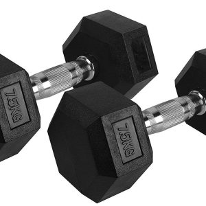Hexagonal Dumbbells - Rubber Coated 7.5kg Pair (Black & Silver) | DUMBBELLS